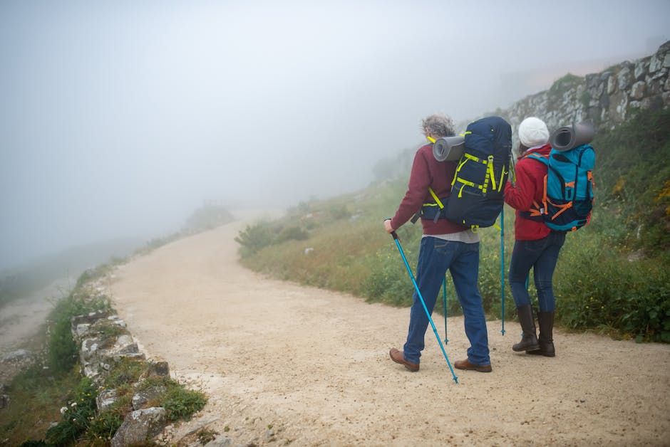 Hikers in the fog with poles